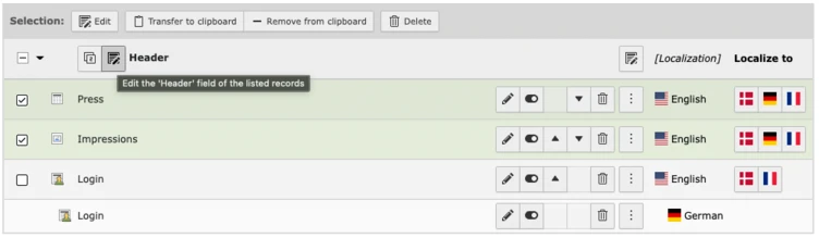 Table displaying various records with options to edit, transfer, or delete. The records include "Press," "Impressions," and "Login," with localization options for English, Korean, and German.