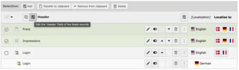 Tabelle mit verschiedenen Datensätzen, die Optionen zum Bearbeiten, Übertragen oder Löschen bieten. Die Datensätze umfassen "Druck," "Impressionen" und "Anmeldung," mit Lokalisierungsoptionen für Englisch, Koreanisch und Deutsch.