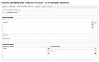 Backend-Benutzergruppeneinstellungen für "Standard-Redakteur" mit Abschnitten für Bearbeitungsberechtigungen, Datenbankeinträge und verfügbare Objekte. Die Benutzeroberfläche umfasst Felder zur Eingabe von Daten und zur Verwaltung der Verfügbarkeit von Objekten.
