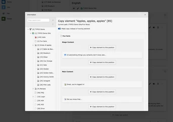 Interface displaying a content management system with sections for "Fun Facts" and "Main Content," including options to copy elements.