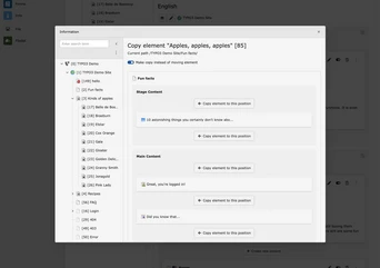 Benutzeroberfläche, die ein Content-Management-System anzeigt, mit Bereichen für "Wissenswertes" und "Hauptinhalt", einschließlich Optionen zum Kopieren von Elementen.