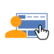 A stylized graphic showing a person icon and a hand pointing at a blue interface with sections, suggesting interaction with a digital display.
