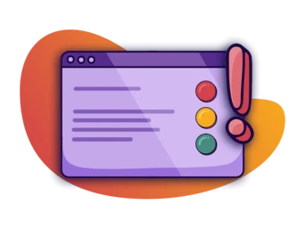 A stylized computer window with three colored buttons (red, yellow, green) and an exclamation mark, indicating a notification or alert.