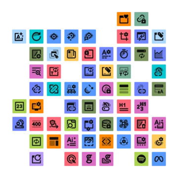 Grid of various icons representing design tools, settings, and features, arranged in colorful squares.