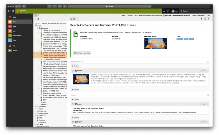 A digital document titled "Flexible Containers and Grids for TYPO3, Part Three," authored by David Voss. The content includes sections on container examples and advanced techniques, with a featured image related to the topic.