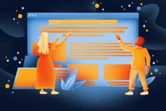 Two individuals, one with long hair and the other with short hair, are pointing at a large digital screen displaying text and graphics. The scene features vibrant colors and abstract shapes in the background.
