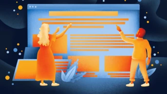 Zwei Personen, eine mit langen Haaren und die andere mit kurzen Haaren, zeigen auf einen großen digitalen Bildschirm, der Texte und Grafiken anzeigt. Die Szene ist von lebhaften Farben und abstrakten Formen im Hintergrund geprägt.