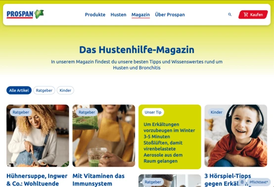Startseite der Prospan-Website mit Artikeln zu Husten- und Bronchitis-Tipps, einschließlich Gesundheitshinweisen und Inhalten für Kinder.