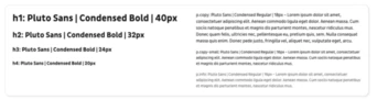 Text samples showcasing various font sizes and styles of the Pluto Sans Condensed Bold typeface, including headings and body text in different pixel sizes.
