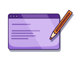 A purple text editor window with a pencil positioned beside it, suggesting writing or editing content.