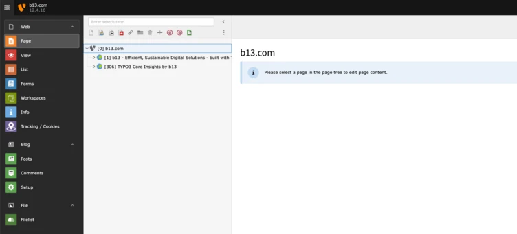 Website interface displaying the dashboard for b13.com, featuring navigation options on the left and a message prompting the user to select a page to edit content on the right.