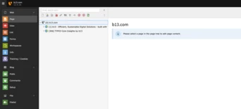 Website interface displaying the dashboard for b13.com, featuring navigation options on the left and a message prompting the user to select a page to edit content on the right.
