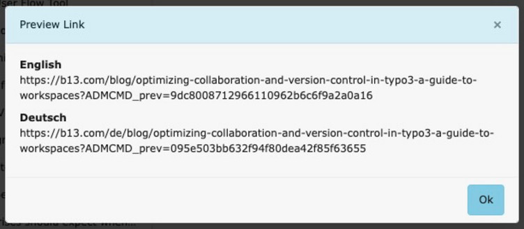 Screenshot des "Erstelle Preview Links" Prompts in TYPO3