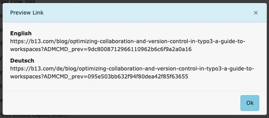 Screenshot of a "Generate Preview Links" prompt in TYPO3