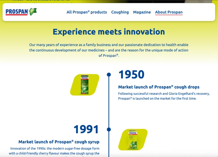 Timeline highlighting the launch years of Prospan® cough drops in 1950 and Prospan® cough syrup in 1991, emphasizing innovation and experience.