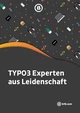 Text on a dark background reads "TYPO3 Experten aus Leidenschaft" with a logo and various icons related to technology and coffee scattered throughout the design.