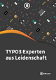 Text on a dark background reads "TYPO3 Experten aus Leidenschaft" with a logo and various icons related to technology and coffee scattered throughout the design.