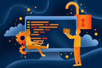 Eine Person sitzt mit einem Laptop vor einem großen Computerbildschirm, der Code anzeigt, während eine andere Person eine Box in der Nähe eines offenen Vorhängeschloss-Symbols hält. Im Hintergrund sind Zahnräder und Wolken abgebildet.