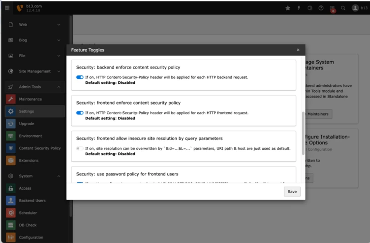 Screenshot aus dem TYPO3-Backend (v12) mit Funktionsschaltern zur Aktivierung der CSP-Standardeinstellungen