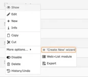 Ein Dropdown-Menü, das Optionen wie Anzeigen, Bearbeiten, Neu, Informationen, Kopieren, Ausschneiden und mehr anzeigt, wobei der Assistent „Neu erstellen“ hervorgehoben ist.