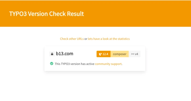 TYPO3 version check result for the URL b13.com, indicating version 12.4 with active community support. Options to check other URLs or view statistics are also presented.