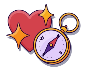 A stylized heart next to a compass, with sparkles, symbolizing love and direction.