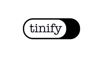 Logo mit dem Wort "tinify" in einer stilisierten Schriftart, umgeben von einem abgerundeten Rechteck in einem Schwarz-Weiß-Farbschema.
