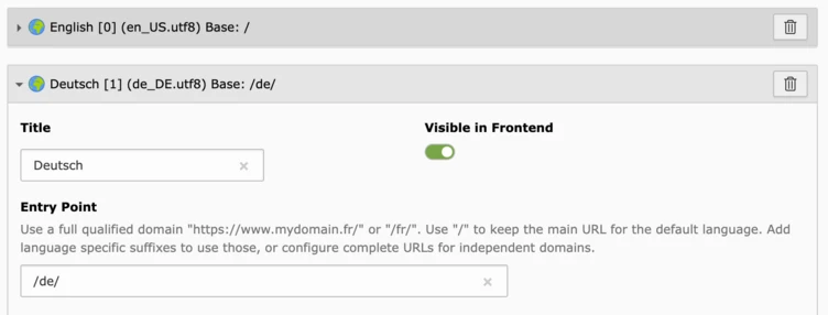 Language selection options for a website, displaying English and German as available languages, with fields for title and entry point configuration.