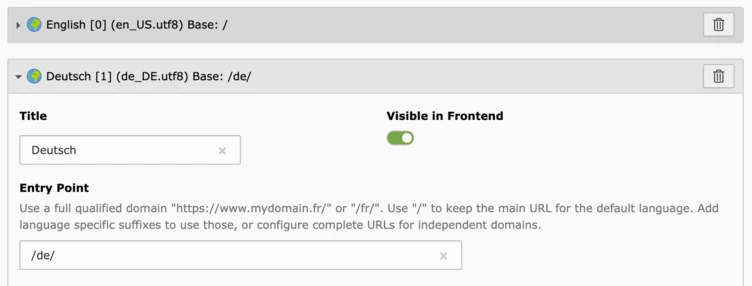 Language selection options for a website, displaying English and German as available languages, with fields for title and entry point configuration.