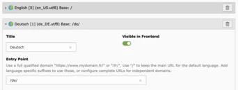 Language selection options for a website, displaying English and German as available languages, with fields for title and entry point configuration.