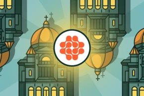 Stylized illustration featuring a central logo surrounded by architectural elements resembling domed buildings with crosses.