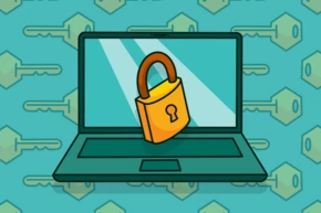 A laptop with a yellow padlock on the screen, set against a background of repeating key icons.