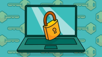 A laptop with a yellow padlock on the screen, set against a background of repeating key icons.