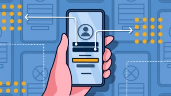 A hand holds a smartphone displaying a user profile interface, with arrows pointing to various elements on the screen. The background features a pattern of abstract shapes and outlines.