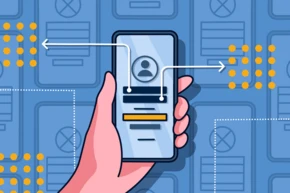 A hand holds a smartphone displaying a user profile interface, with arrows pointing to various elements on the screen. The background features a pattern of abstract shapes and outlines.