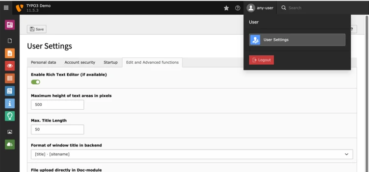 User settings interface displaying options for enabling a rich text editor, setting maximum height of text areas, maximum title length, and format of window title in the backend. Logout option is also visible.
