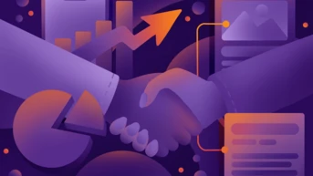 Zwei Hände schütteln sich in der Mitte, was Partnerschaft oder Zustimmung symbolisiert. Umgebende Elemente sind ein Smartphone, das ein Diagramm zeigt, ein Tortendiagramm und Dokumente, alles vor einem lila Hintergrund.