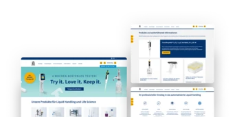 Website showcasing products for liquid handling and life sciences, featuring various laboratory equipment and promotional offers.
