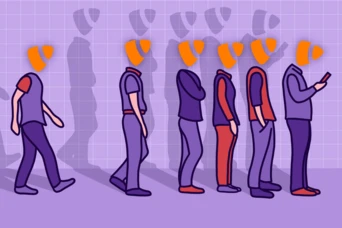 A series of stylized figures in various poses, each with a distinctive orange hat, depict a progression from walking to standing still while looking at a phone, set against a purple grid background.