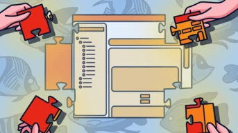 Hände, die Puzzlestücke halten, sind um ein teilweise fertiges Puzzle angeordnet, das eine Computeroberfläche darstellt.