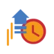 An upward arrow next to a clock, symbolizing time management or productivity improvement.