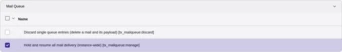 The Mail Queue access options on a TYPO3 backend user group: two separate checkboxes, one to discard single queue entries and one to hold and resume all mail delivery, with only the second one ticked.