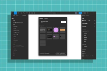 A design software interface displays a dialog box for library updates, featuring various components and options to add or manage design elements. The background is a grid pattern in teal.