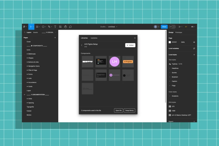 A design software interface displays a dialog box for library updates, featuring various components and options to add or manage design elements. The background is a grid pattern in teal.