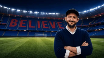 Ein Mann mit einem Bart und einer Mütze steht selbstbewusst in einem Stadion, während im Hintergrund deutlich "GLAUBE" zu sehen ist.