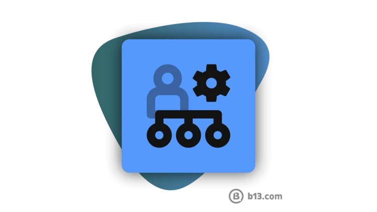 Symbol, das eine Person mit einem Zahnrad und verbundenen Knoten darstellt, was für Management oder organisatorische Struktur steht.