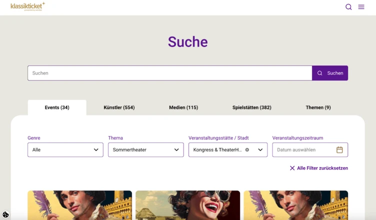 Search interface for events, featuring filters for genre, theme, venue, and city, with a focus on summer theater.