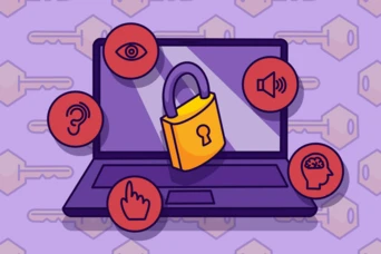 A laptop with a yellow padlock on the screen, surrounded by red icons representing an eye, ear, microphone, hand, and brain, symbolizing security and privacy concerns in digital environments.