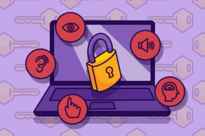Grafik, die einen gesperrten Computerbildschirm zeigt A laptop with a yellow padlock on the screen, surrounded by red icons representing an eye, ear, microphone, hand, and brain, symbolizing security and privacy concerns in digital environments.
