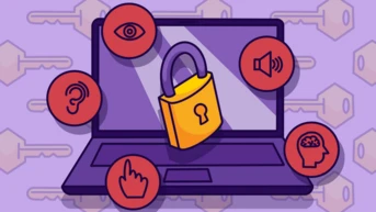 Ein Laptop mit einem gelben Vorhängeschloss auf dem Bildschirm, umgeben von roten Symbolen, die ein Auge, ein Ohr, ein Mikrofon, eine Hand und ein Gehirn darstellen, was Sicherheits- und Datenschutzbedenken in digitalen Umgebungen symbolisiert.